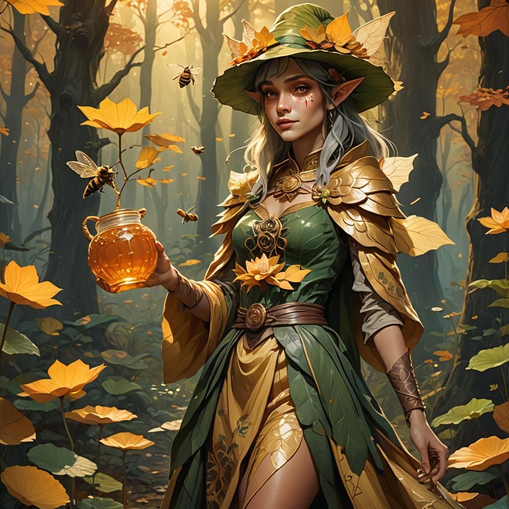 Forest Elf with Honey Jar in Art Nouveau Style