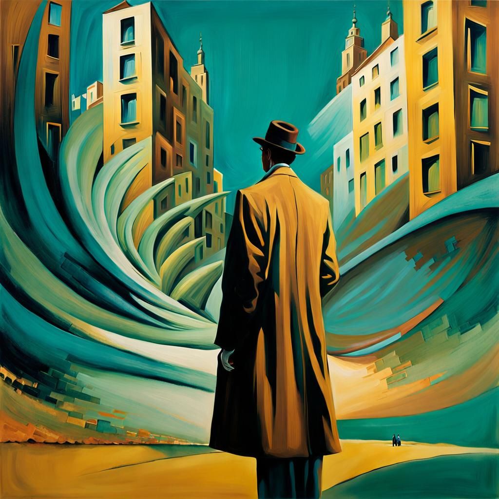 Figure Blends into Surreal Ochre and Teal Cityscape