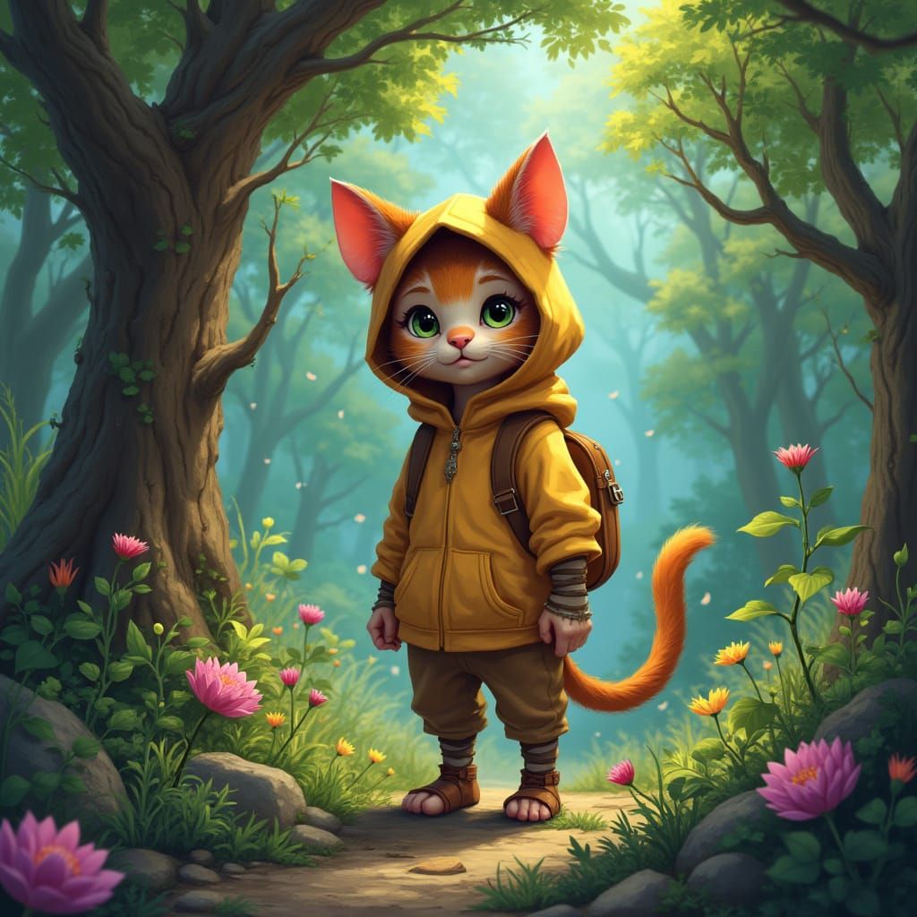 Cat-Like Halfling Druid in Colorful Forest