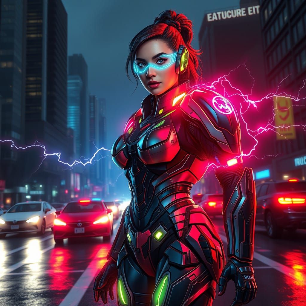 Heroic Woman in Neon Power Armor Embodies Strength and Confi...