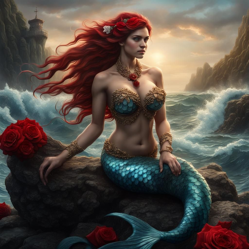 Mermaid with Red Roses in Fantasy Ocean Scene