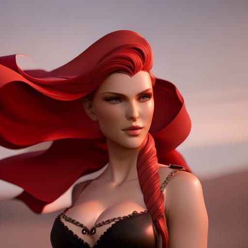 A fantasy redhead with an amazing hair interpretation by the AI