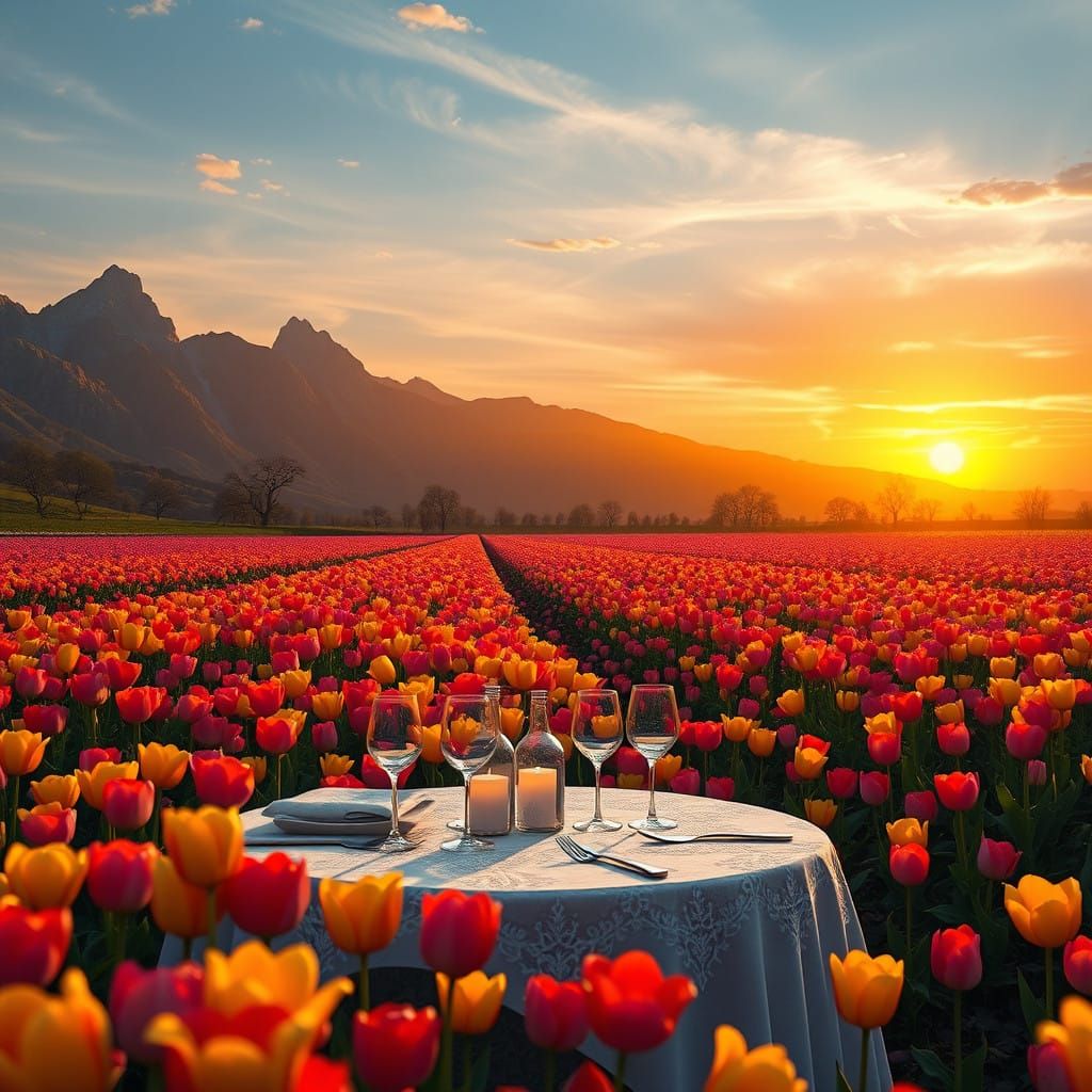 Tulip Fields Golden Sunset Dinner Scene