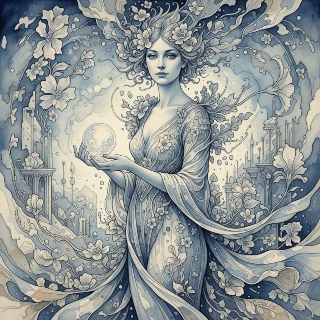 Elegant Floral Portrait in Monochromatic Watercolor Style