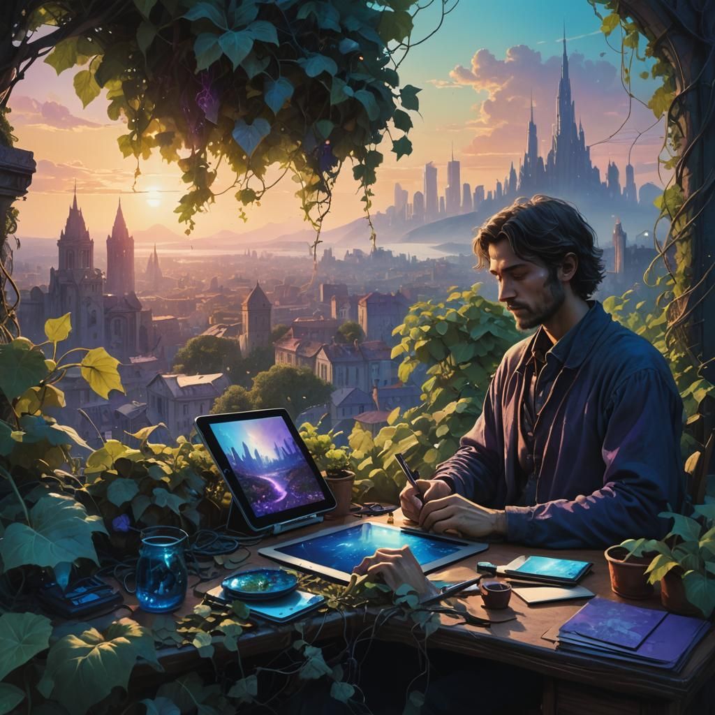 Lush Fantasy Desk Scene with Cityscape Tablet