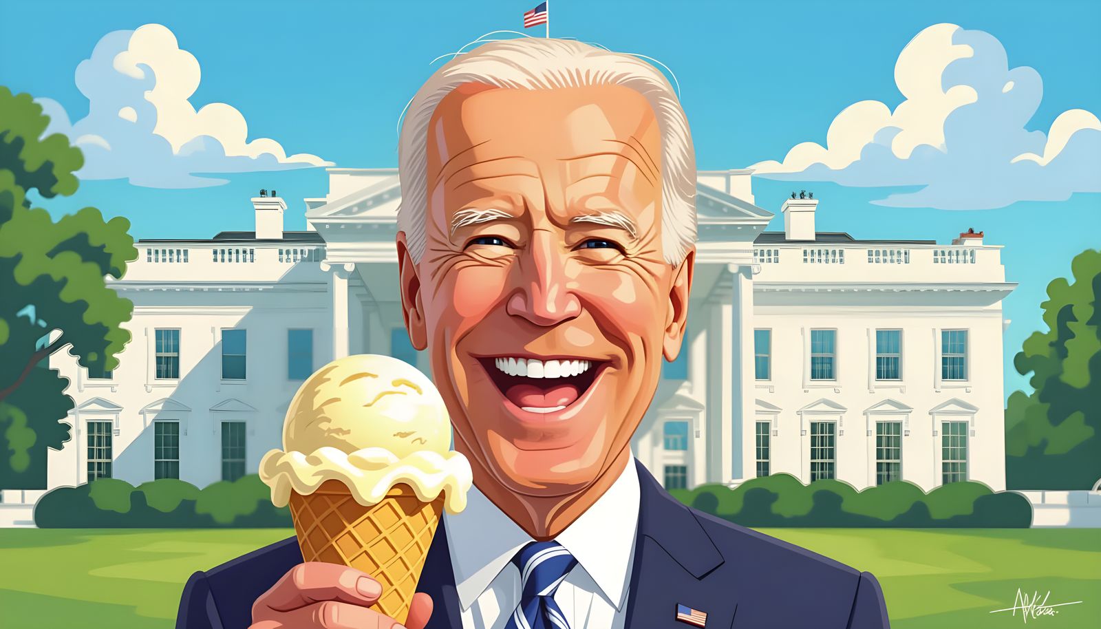 Joe Biden Caricature with Ice Cream and White House