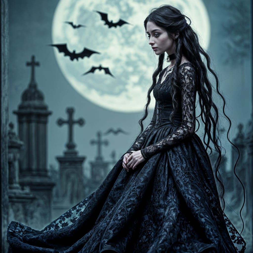 A Dark and Ethereal Young Girl in Long Black Velvet, Under a...