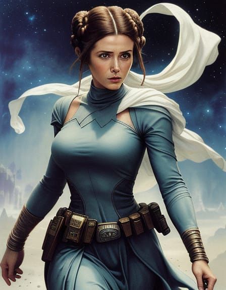 Medium shot. Star Wars, prenses leia. Sexuality, Nice,Alluring, charming,  Courageous, brave, pugnacious, combative, Hal...