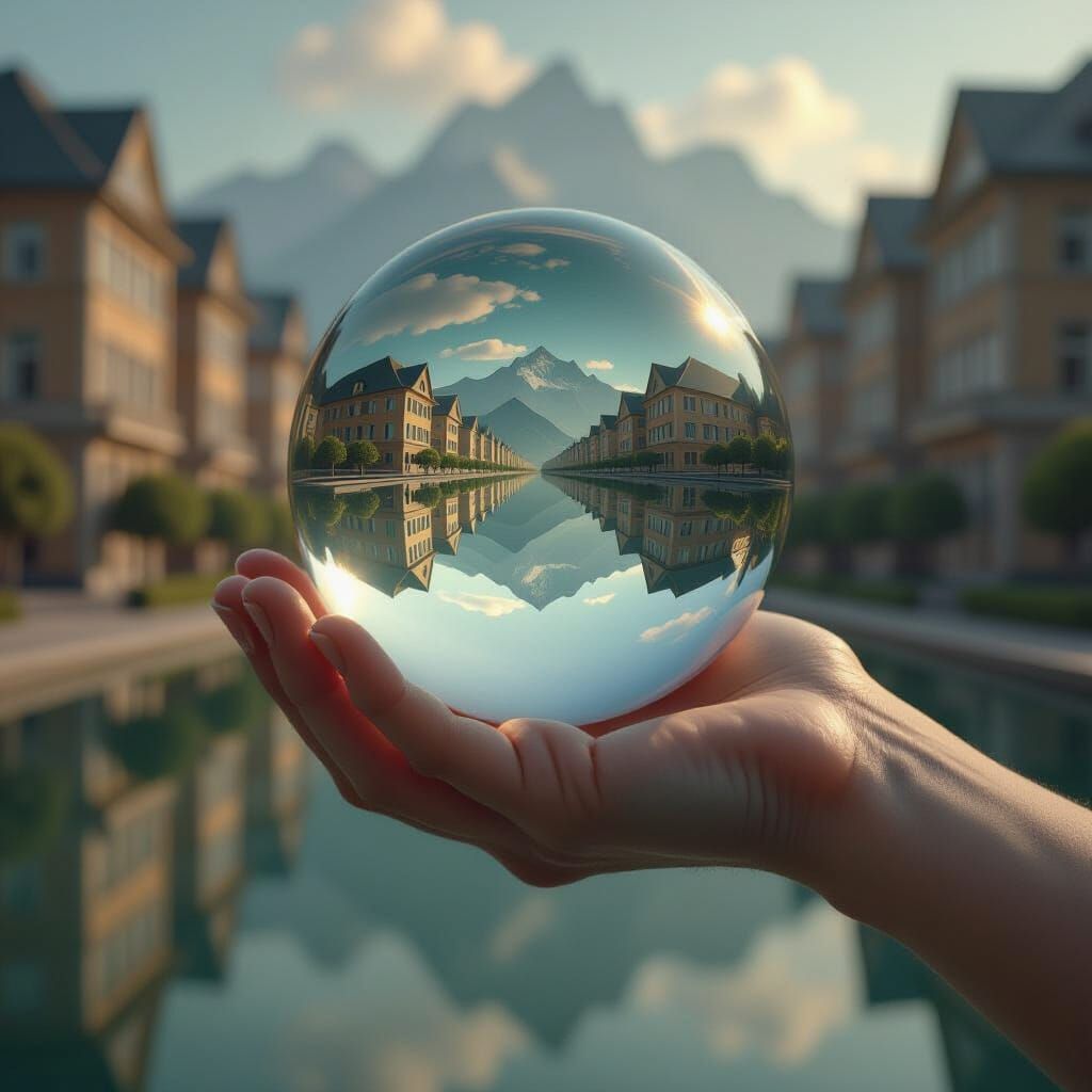 Surreal Sphere Reflecting Impossible Architecture in Etherea...