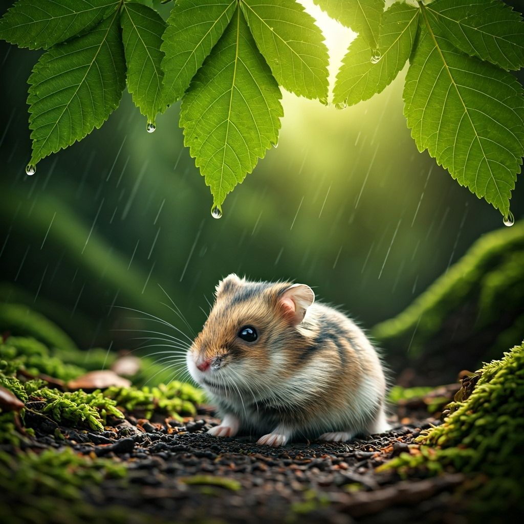 A photorealistic image of a tiny baby hamster sitting beneat...