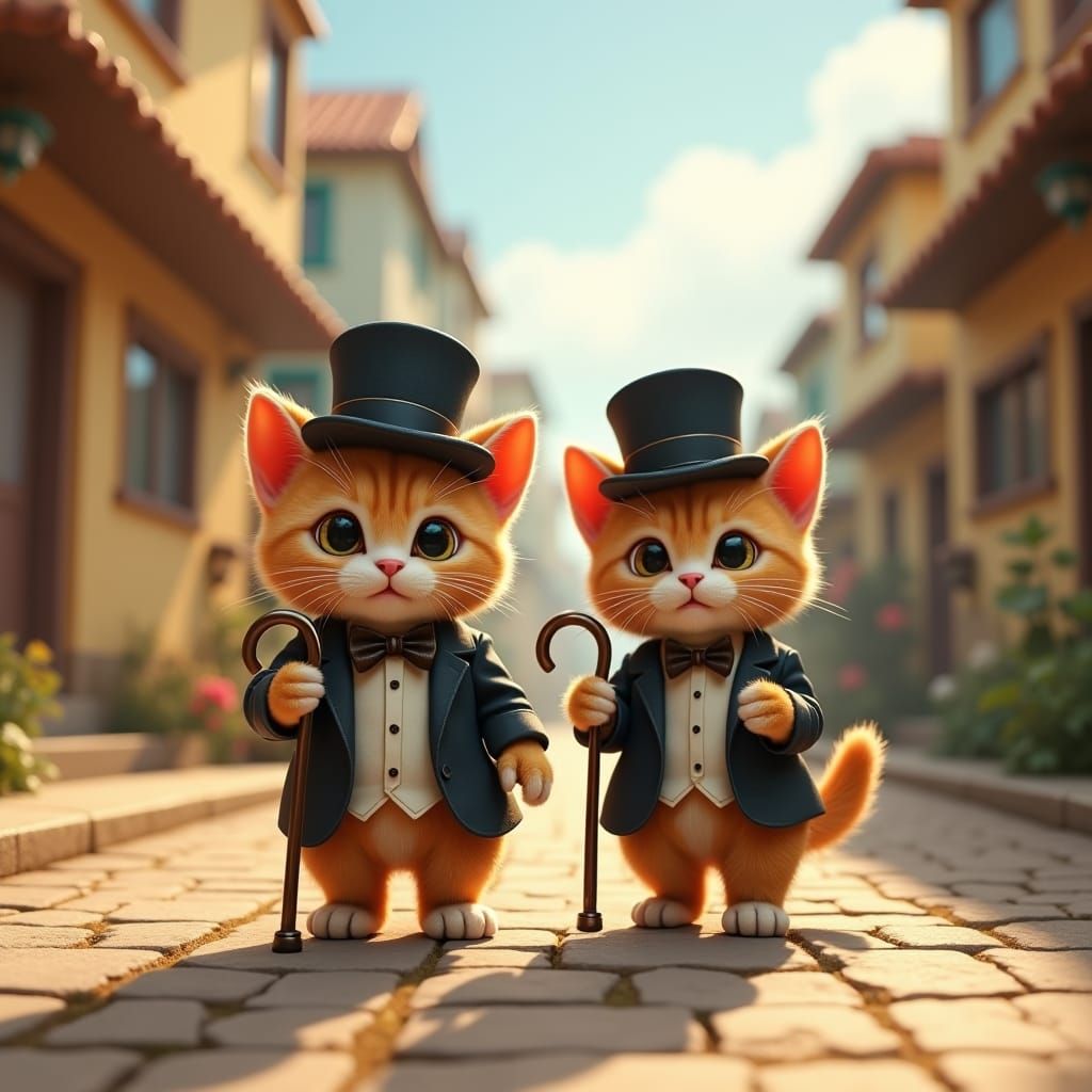 Cats in Top Hats Stroll Through Sunny Town