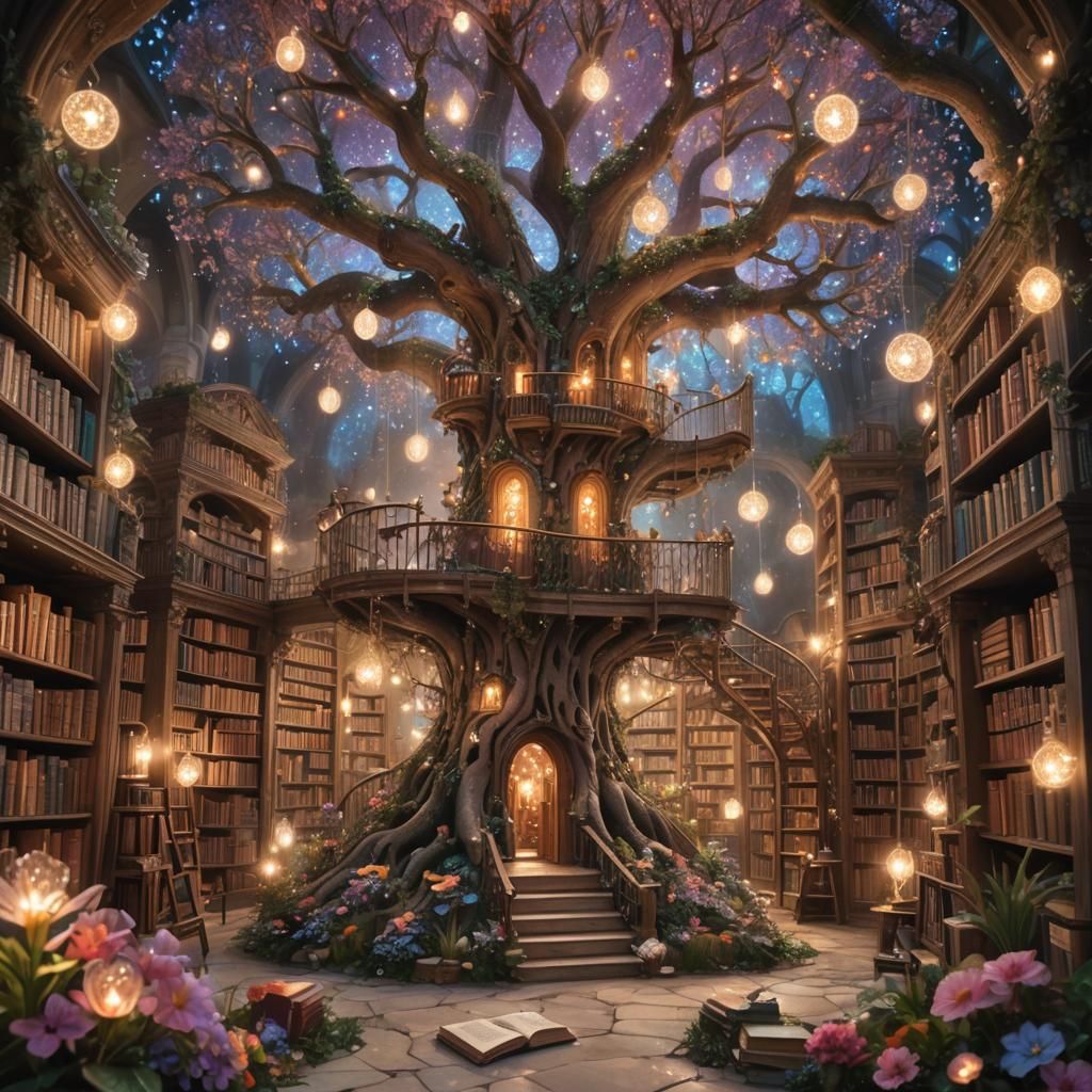 Mystical Tree Library with Glowing Orbs, Fantasy Artwork