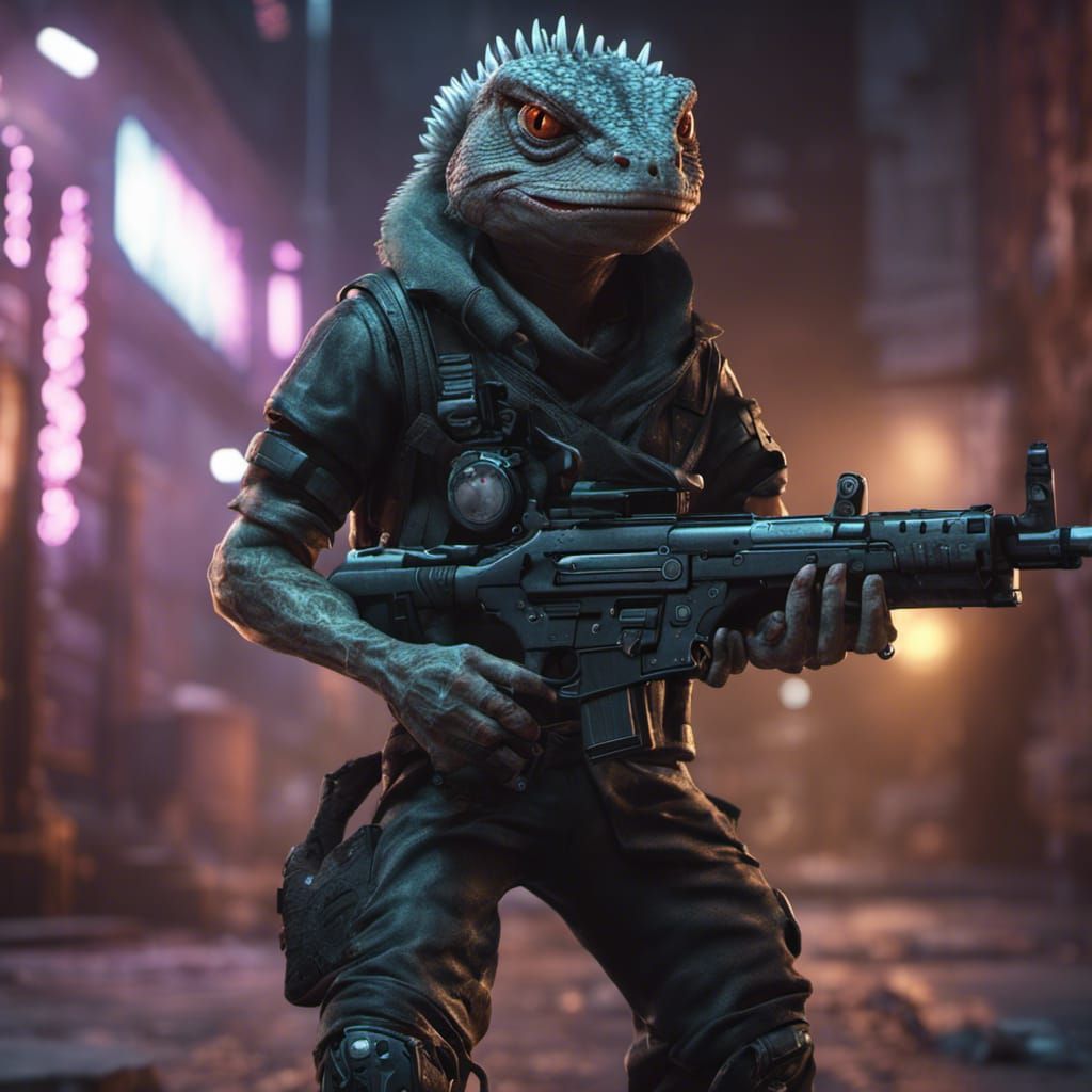 Lizard Alien Punk Rocker in Alley: 3D Game Render