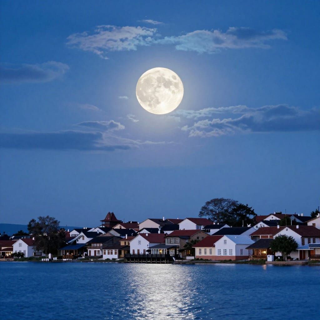 Full Moon Over Colonial Village on Incandescent Lake