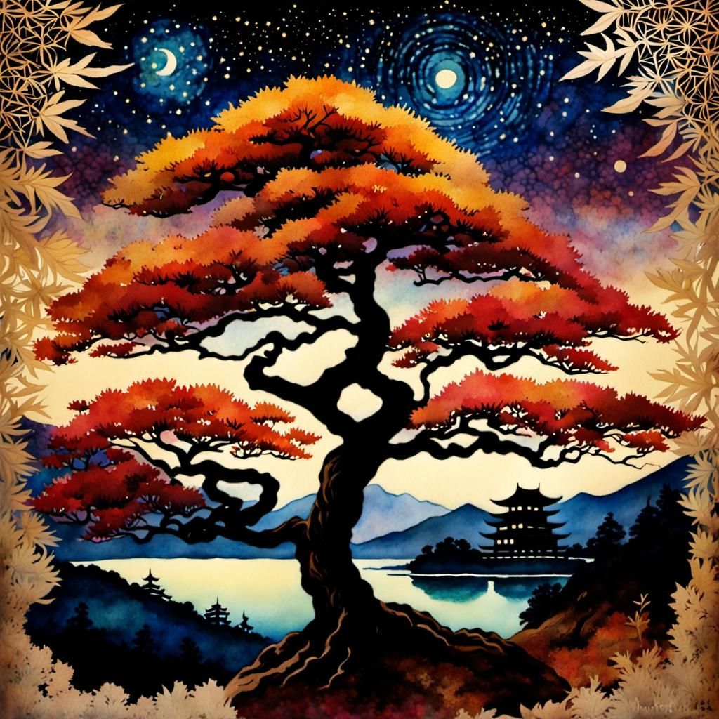 Japanese Maple Tree Watercolor Under Starry Night
