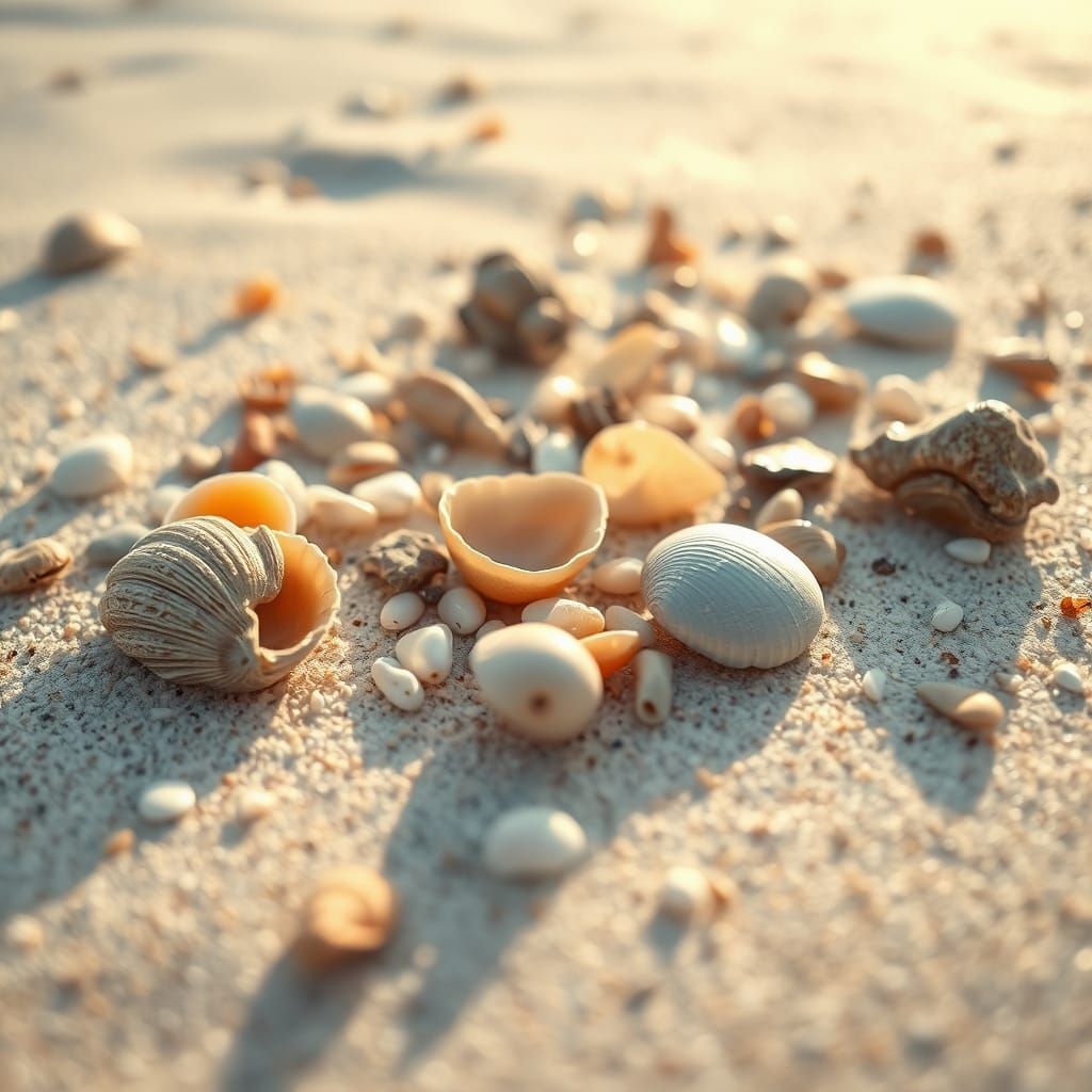 Surreal White Beach with Shimmering Shells and Pearls in Sof...