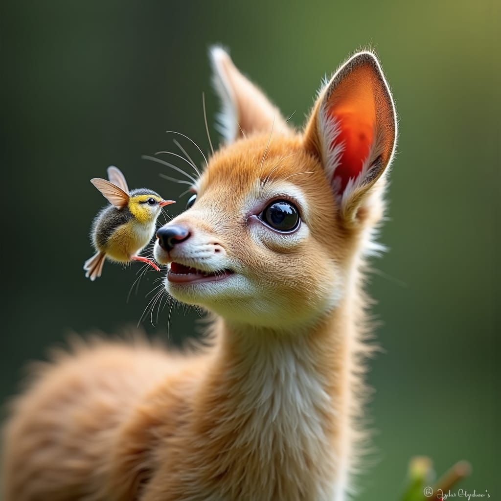 Blooming Horned Fawn with Fairy in Forest
