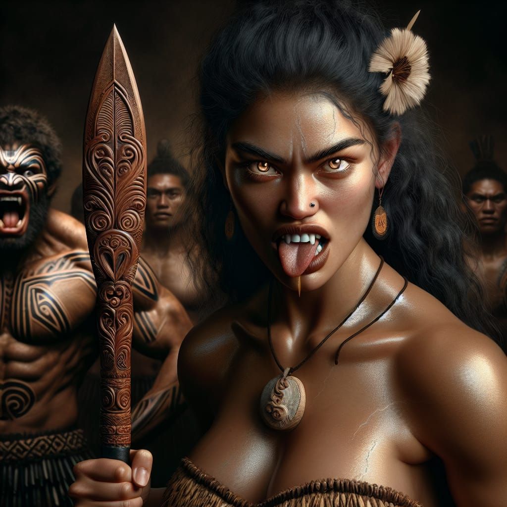 Defiant Maori Woman with Ancestors, Hyperrealistic Oil Paint...