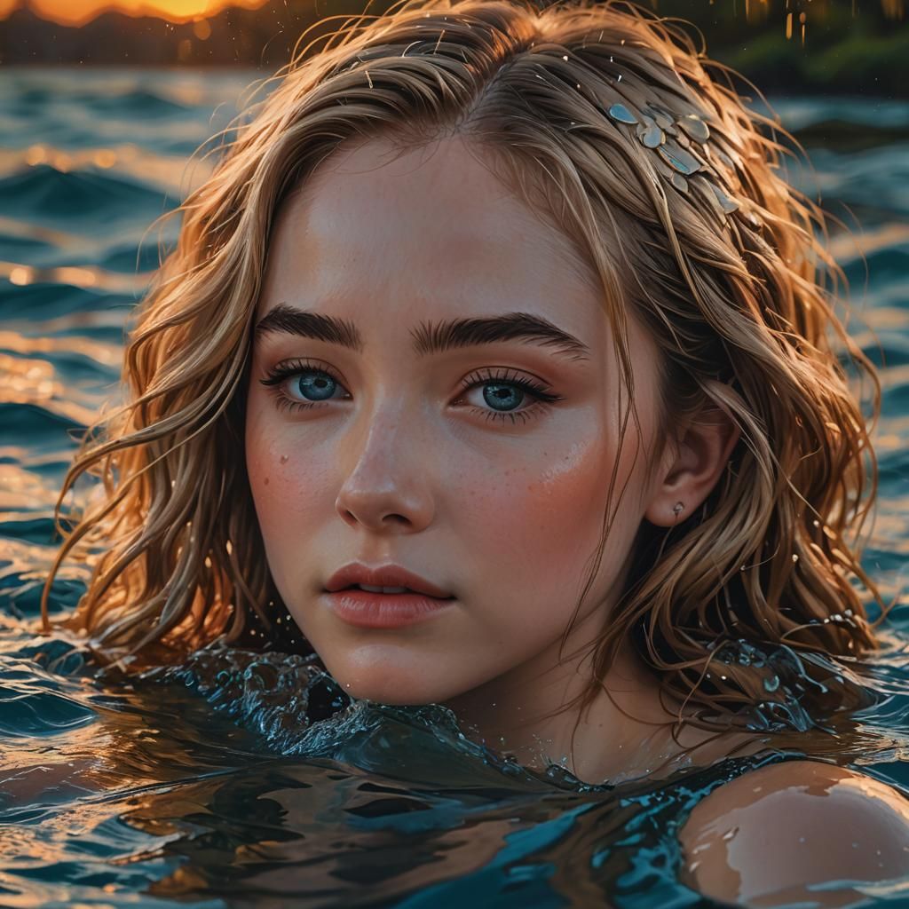 Copper-Blonde Woman Emerging from Water at Sunset