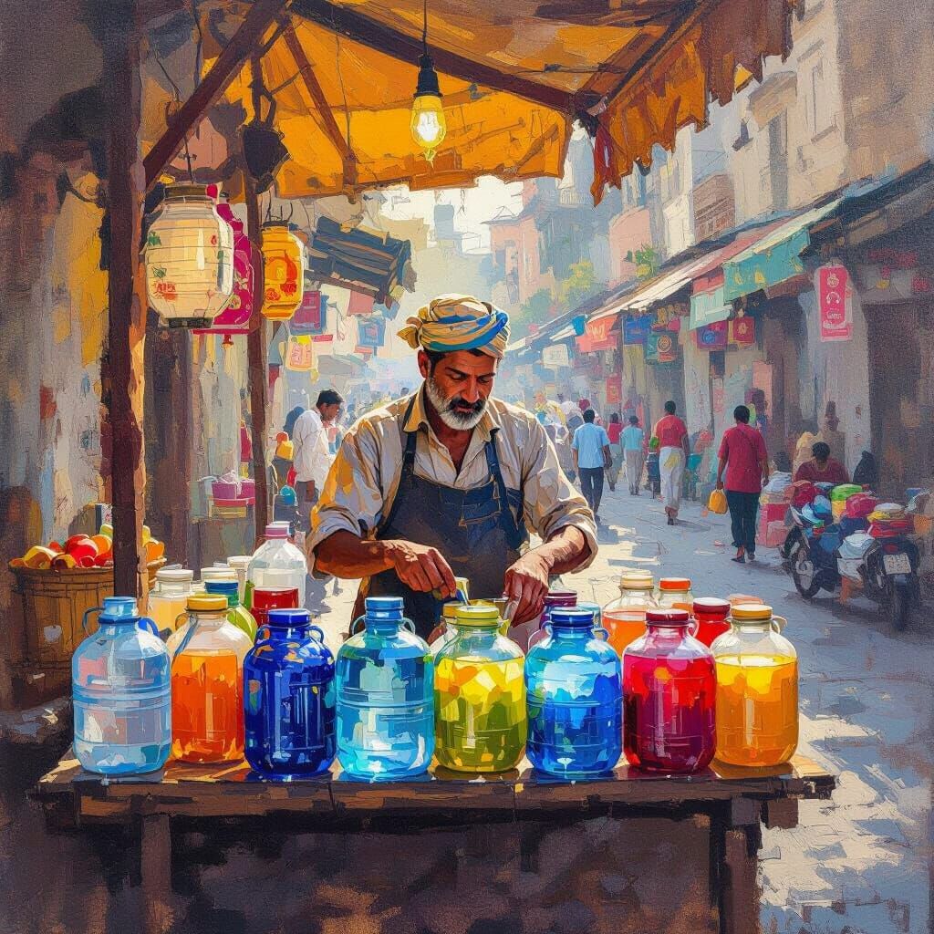 Impasto Gouache Painting of a Busy Evening Water Vendor