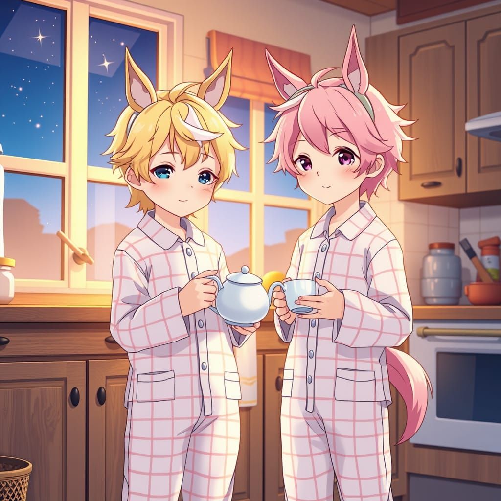 Two Adorable Boys in Anime Style Kitchen Scene