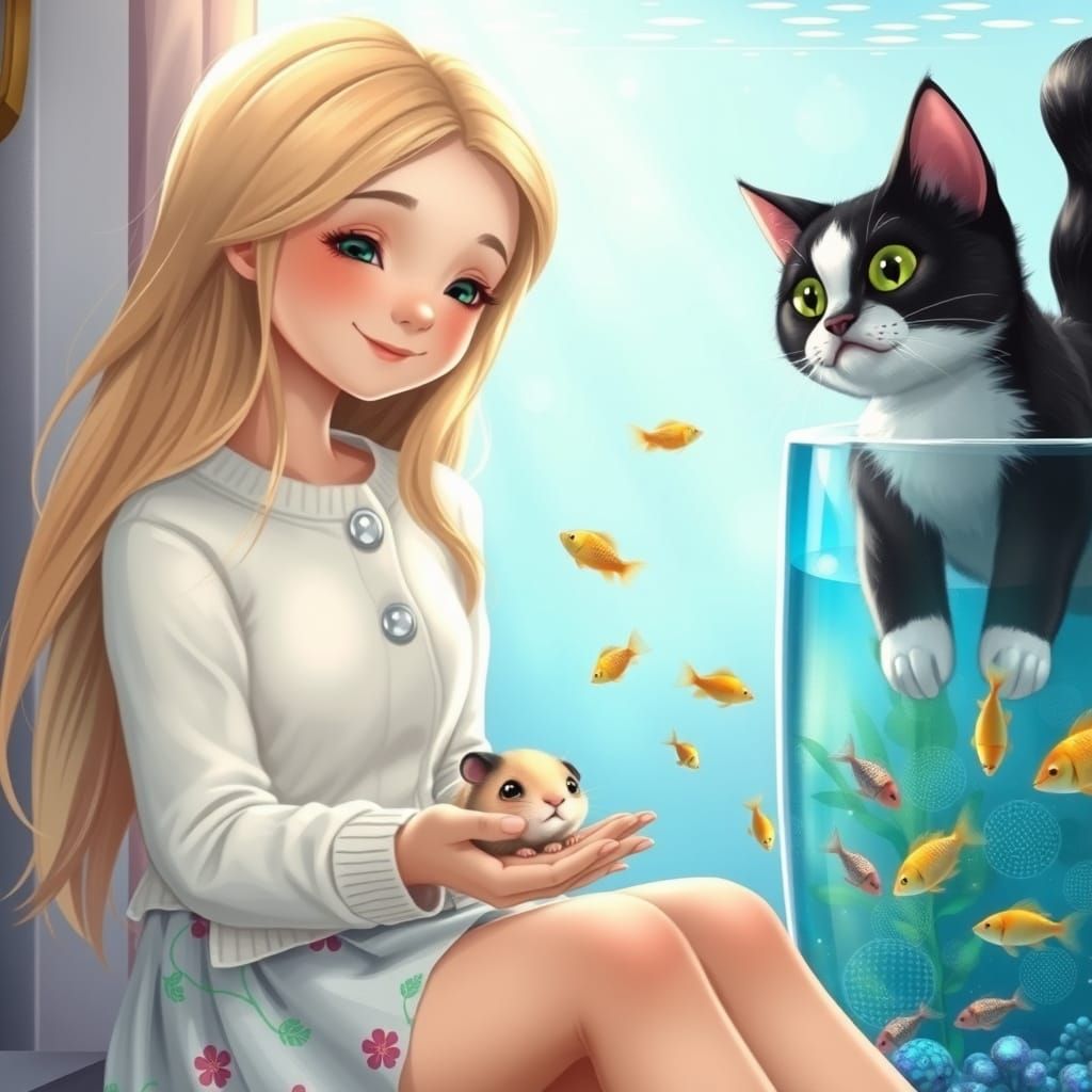 Gentle Girl Cradles Hamster in a Whimsical Setting