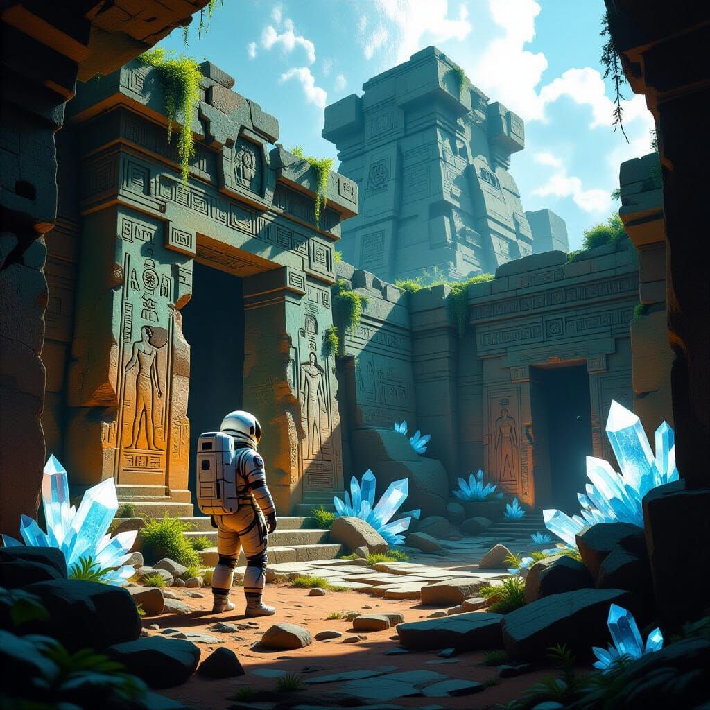 Astronaut and Ancient Temple on Alien Planet