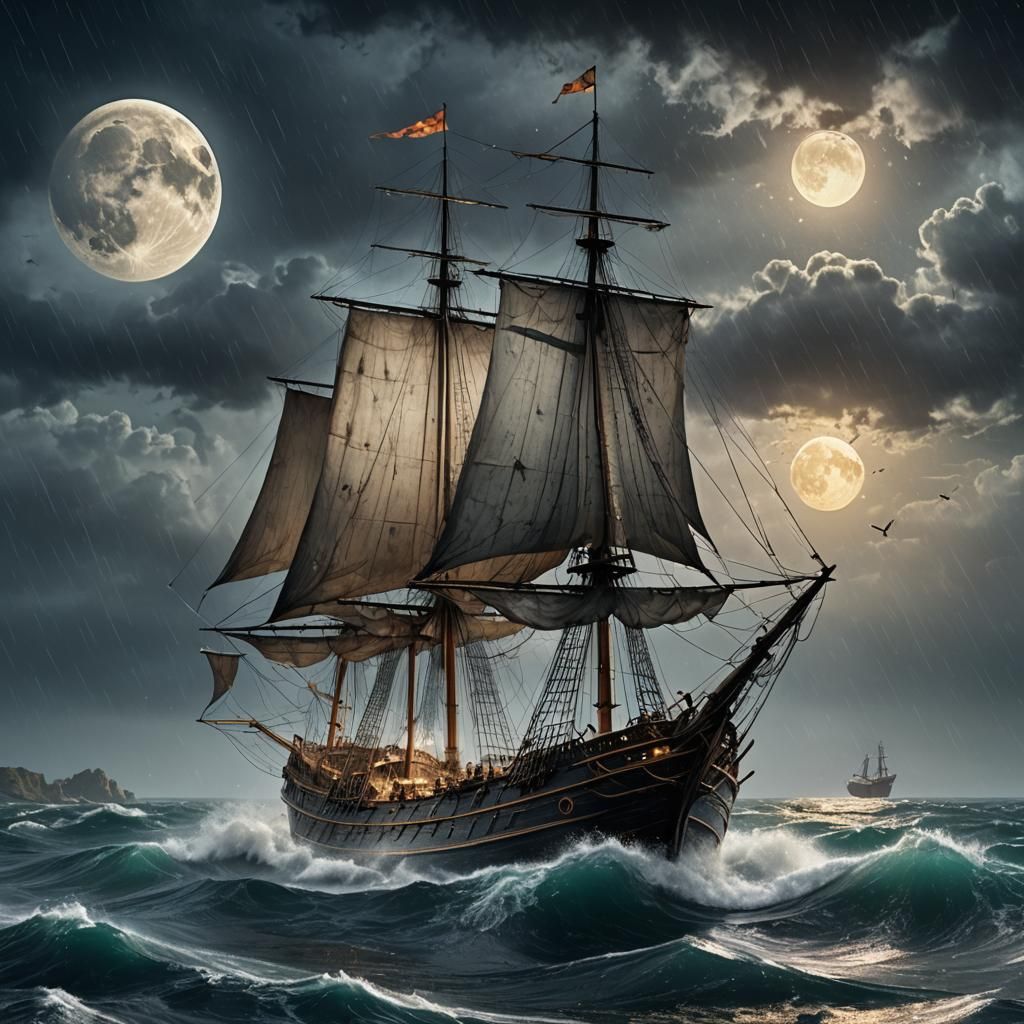 Mystical Sailing Ship in Stormy Seas