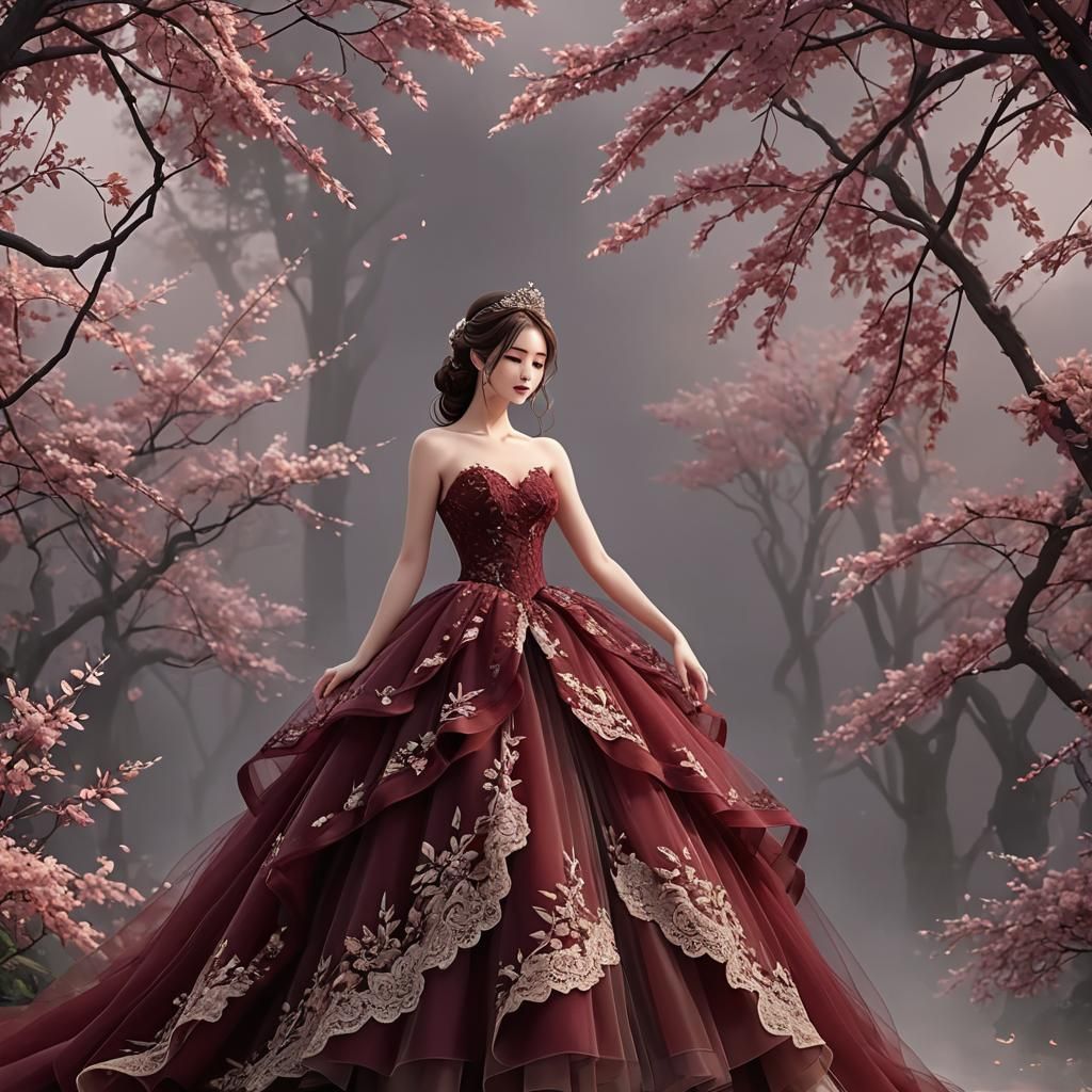 Woman in Maroon Tulle Lace Princess Dress