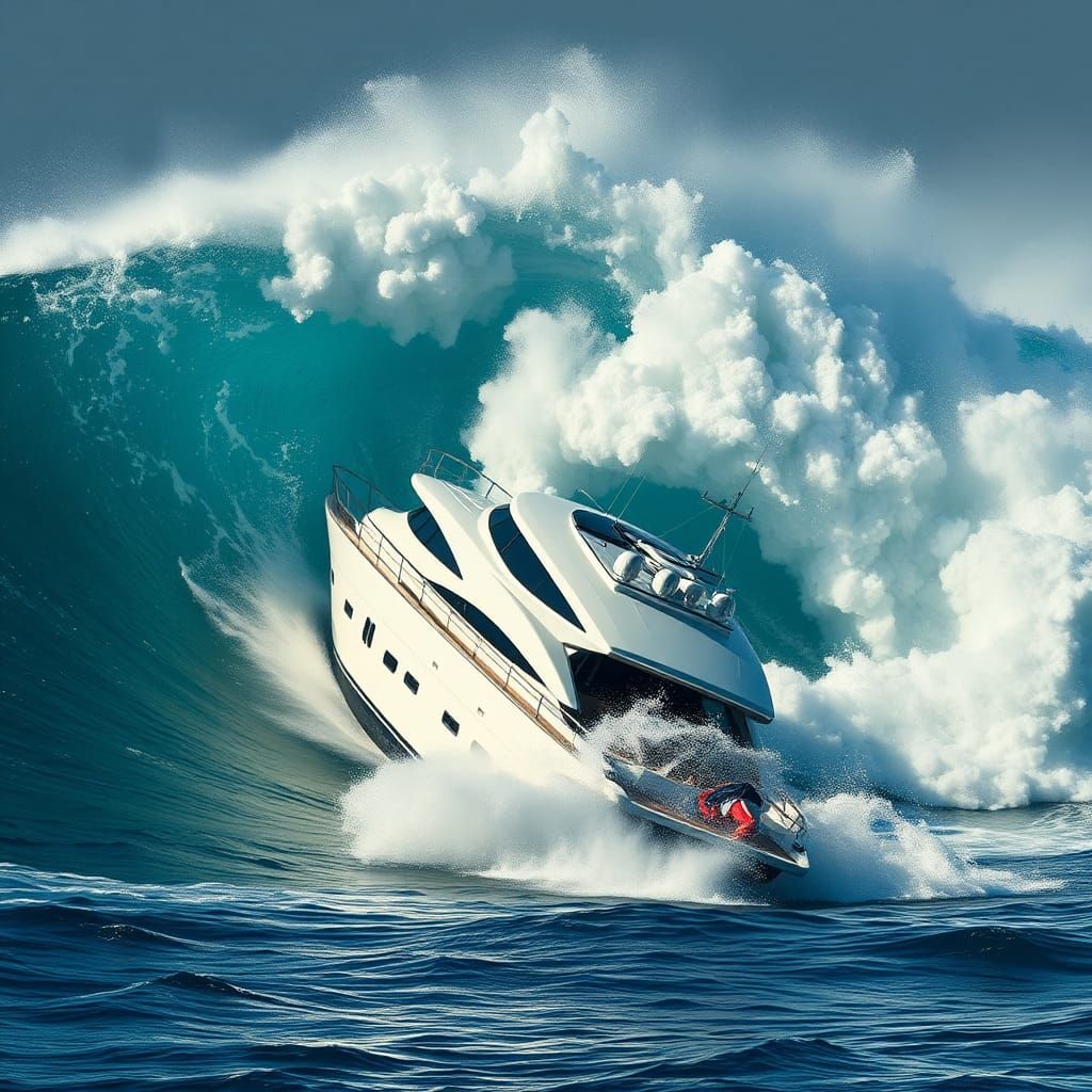 Yacht Capsized by Wave in Hyperrealistic Style