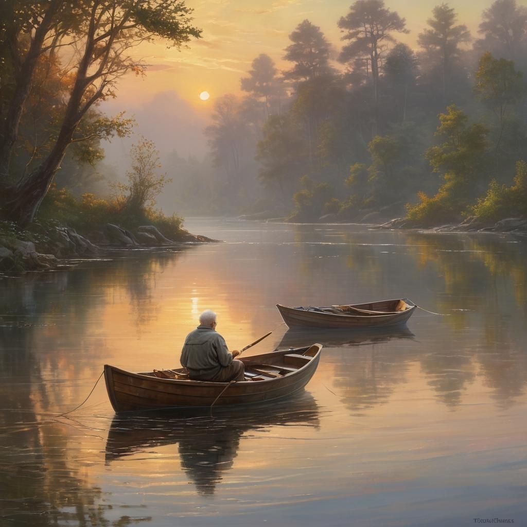 Serenic Sunset on Tranquil Waters, in the Style of Thomas Ki...