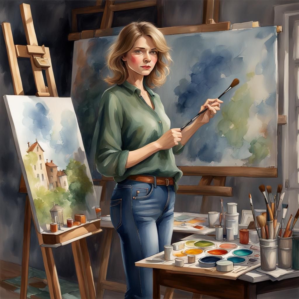 Artist Painting Spring City in Watercolor