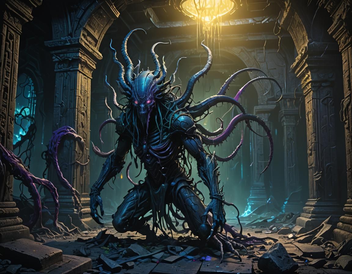 Eldritch Creature Emerges from Ruined Temple