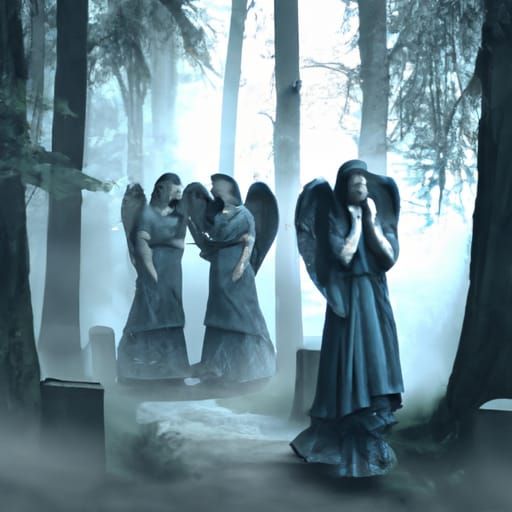 Creepy Weeping Angels in Foggy Forest