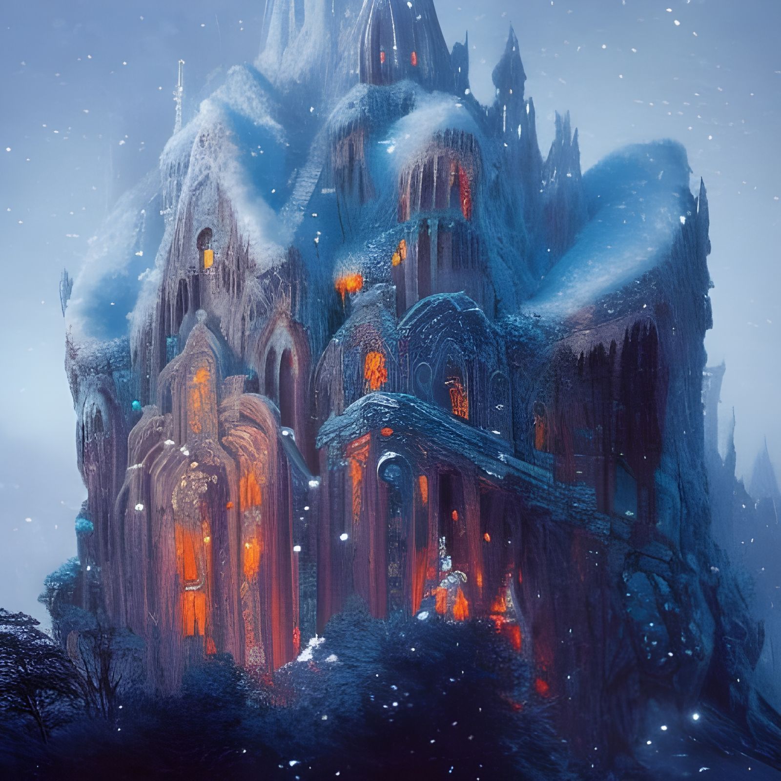 Crystal Cave Castle Ruins in Winter Landscape