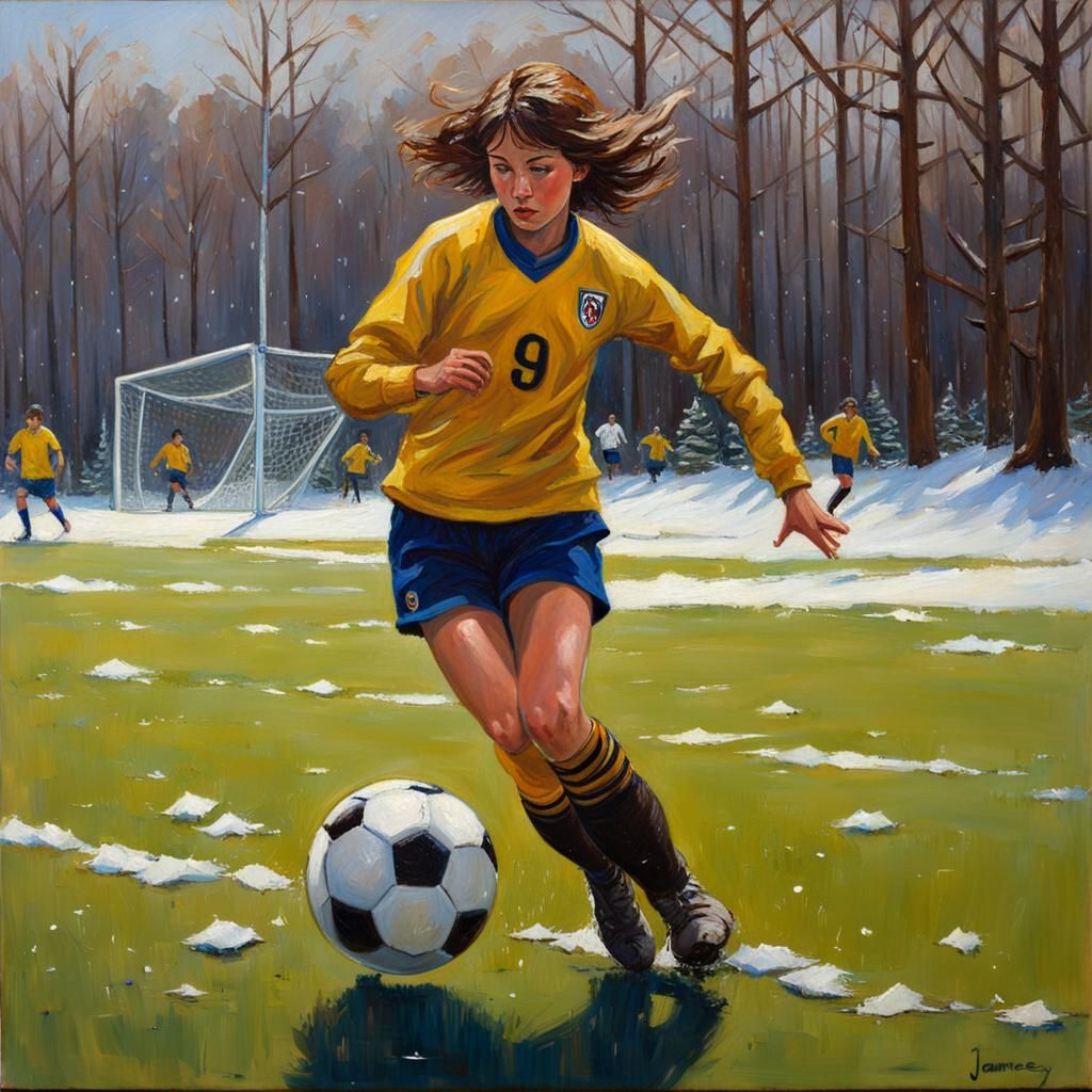 Girl Soccer Player Slide Tackling in the Snow