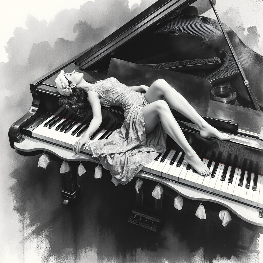 Surreal 1930s Woman Plays Piano in Dreamlike Monochromatic S...