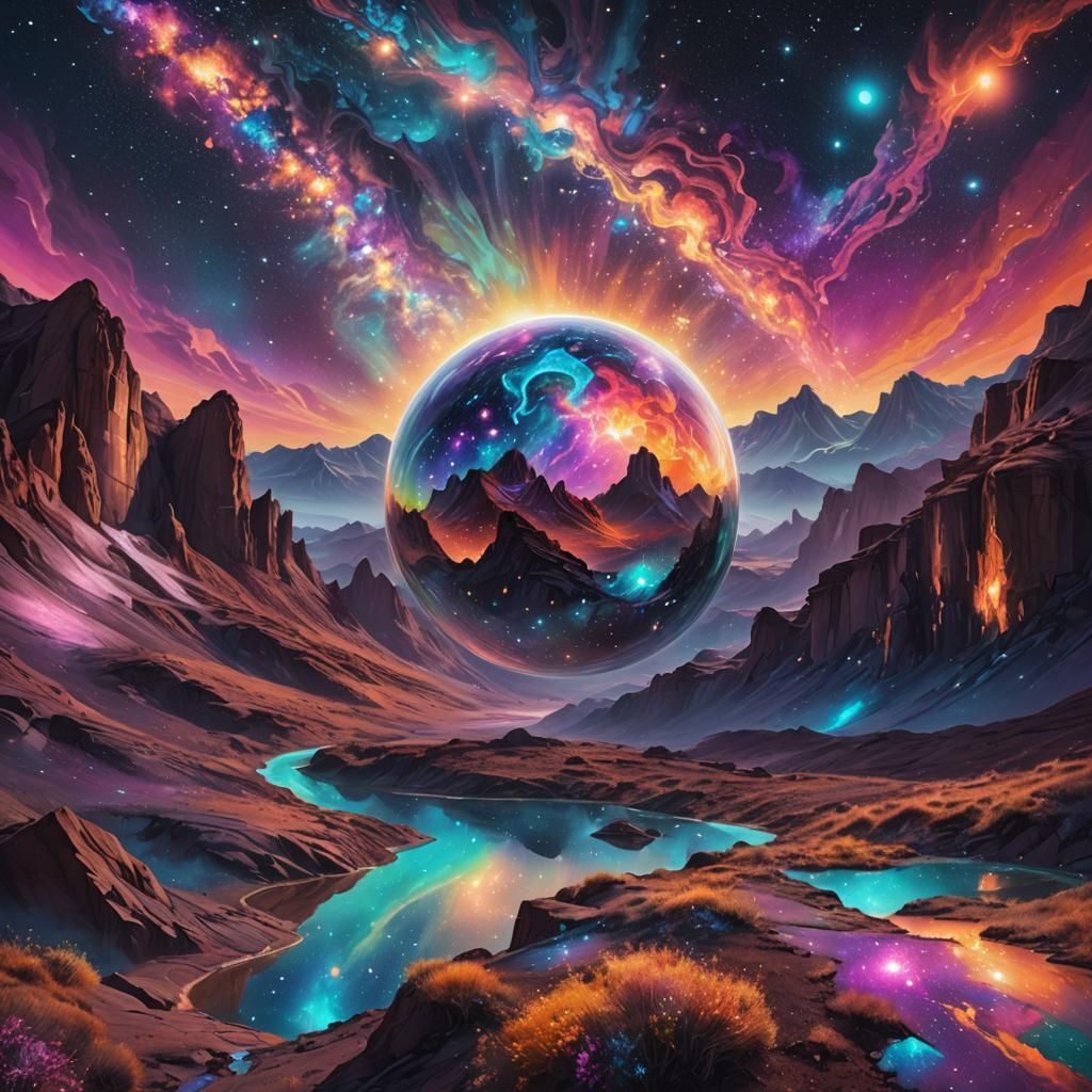 Mirrored Orb Gathering Stars: Cosmic Surrealism