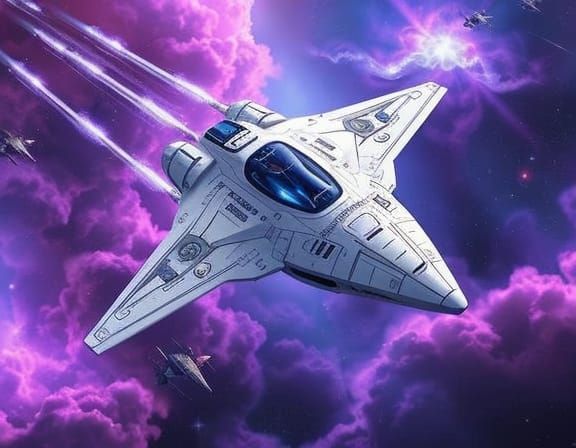 White Starship Glides Through Prismatic Nebula