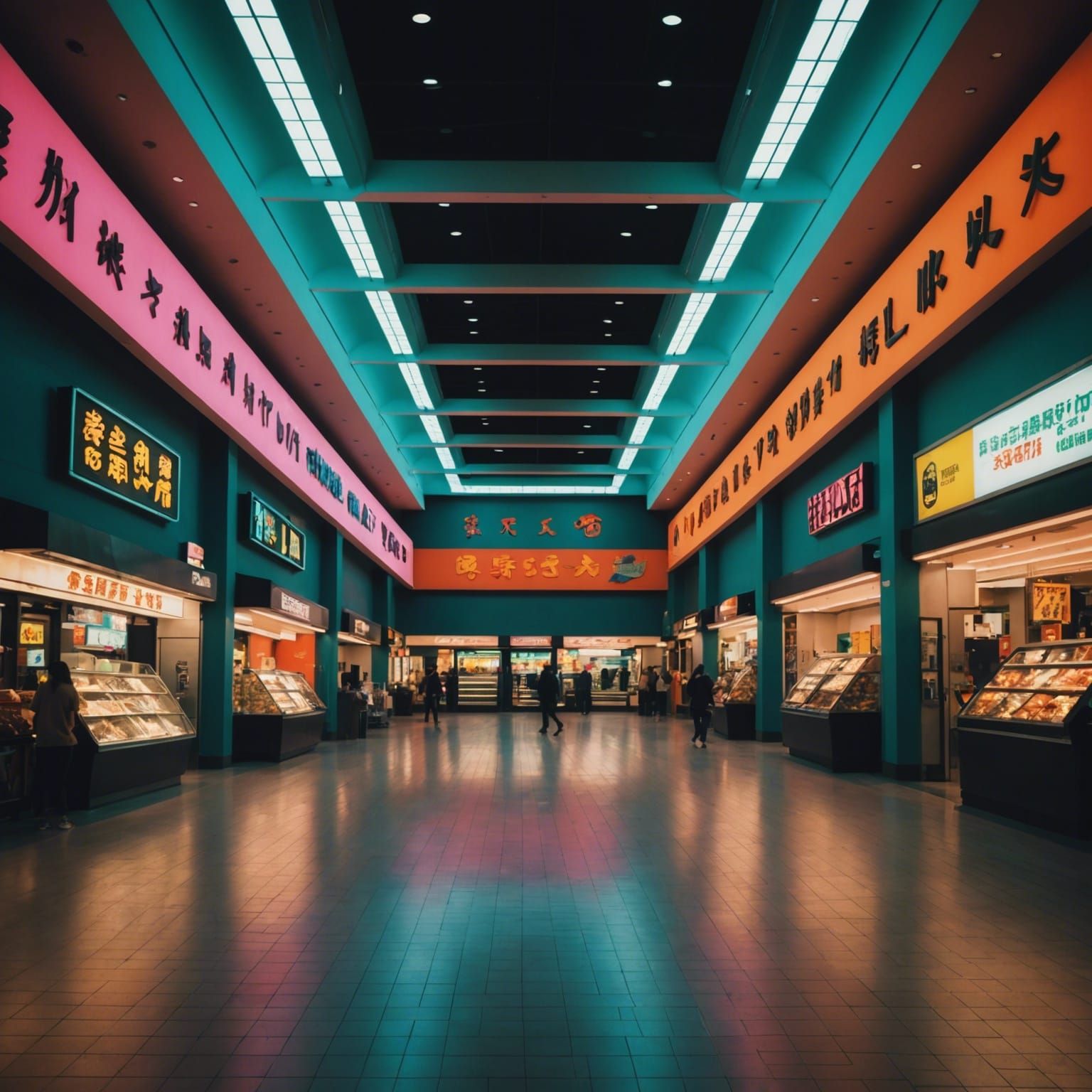 Empty Mall with Vivid Lights in Cinematic Style