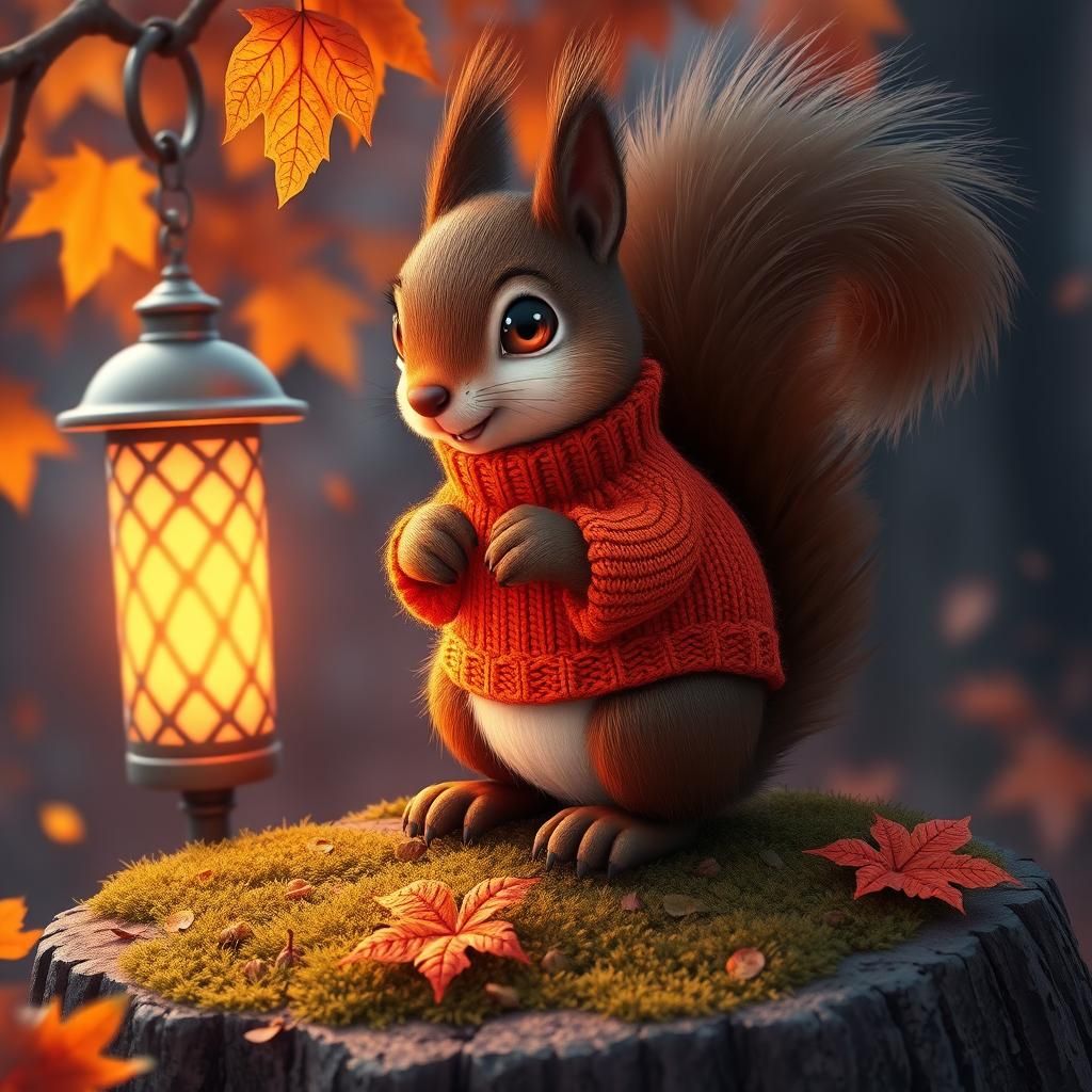 Squirrel in Sweater Amidst Autumn Leaves