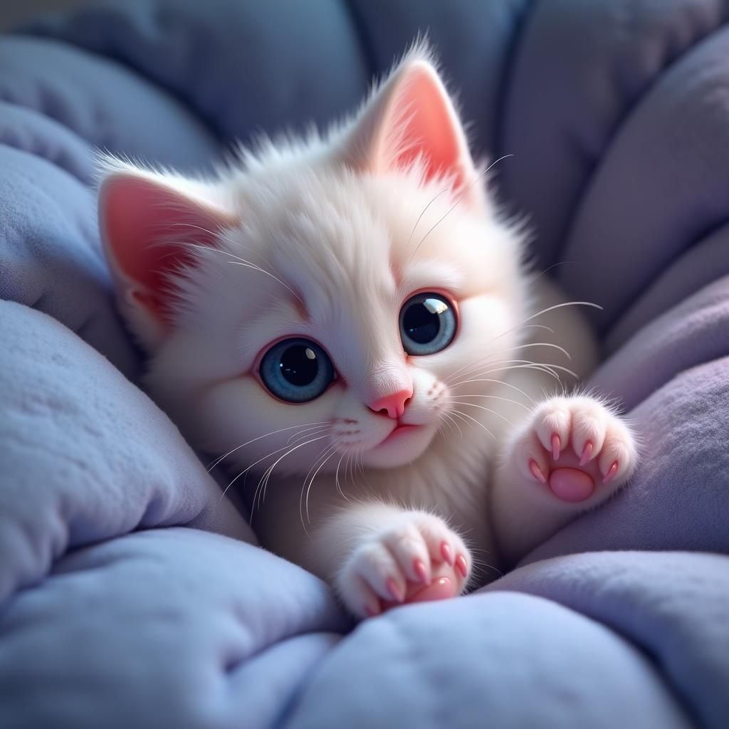A cute animated kitten with big eyes stretching out paws wit...