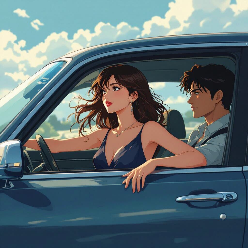 Anime-Style Car Ride with Vibrant Colors