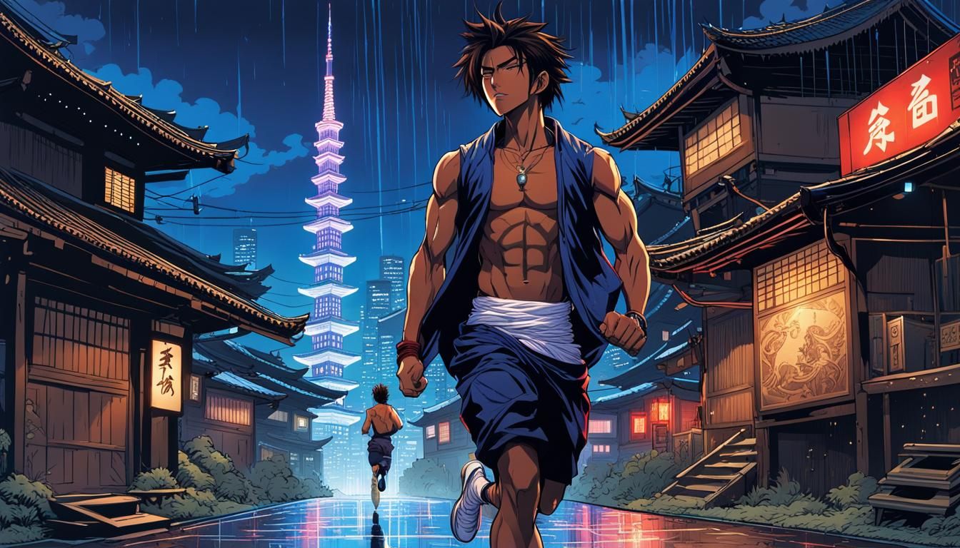 Ballpoint Pen Art - Anime Boy running in the rain