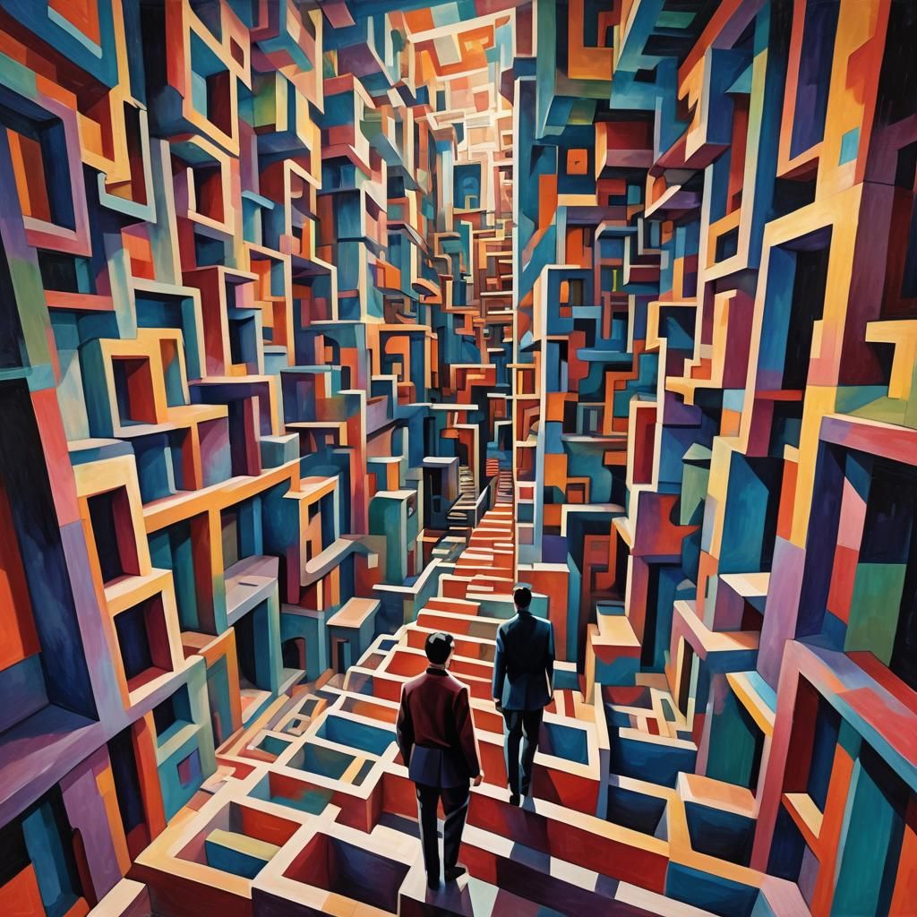 Geometric Cubist Maze with Neon Lights in Art Deco