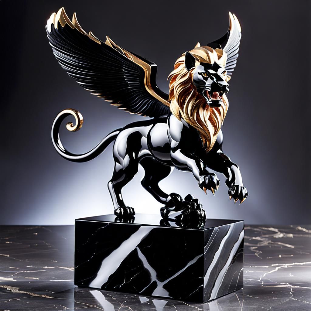 Glass Manticore Sculpture on Marble Base