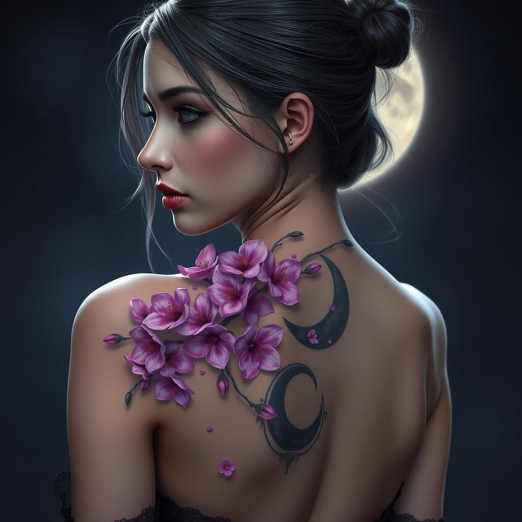 Goth Girl's Cherry Blossom Tattoo in Fantasy Style