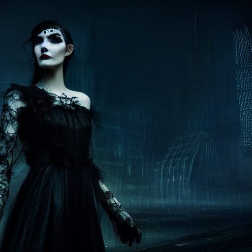 Ethereal Goth Fashion Model in Muted Cyberpunk Cityscape