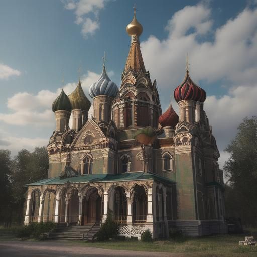 Abandoned Russian Church with Onion Domes: 3D Render