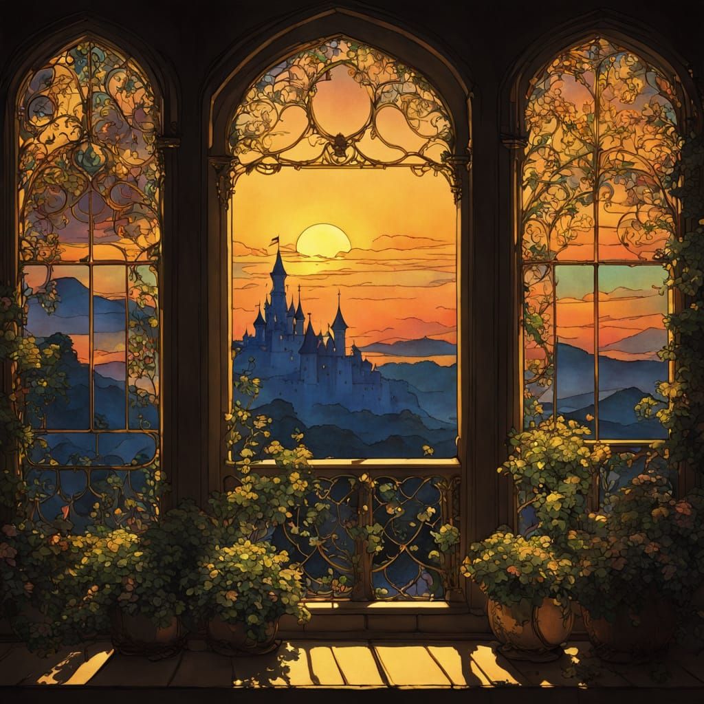 Golden Hour Castle View in Anime Style